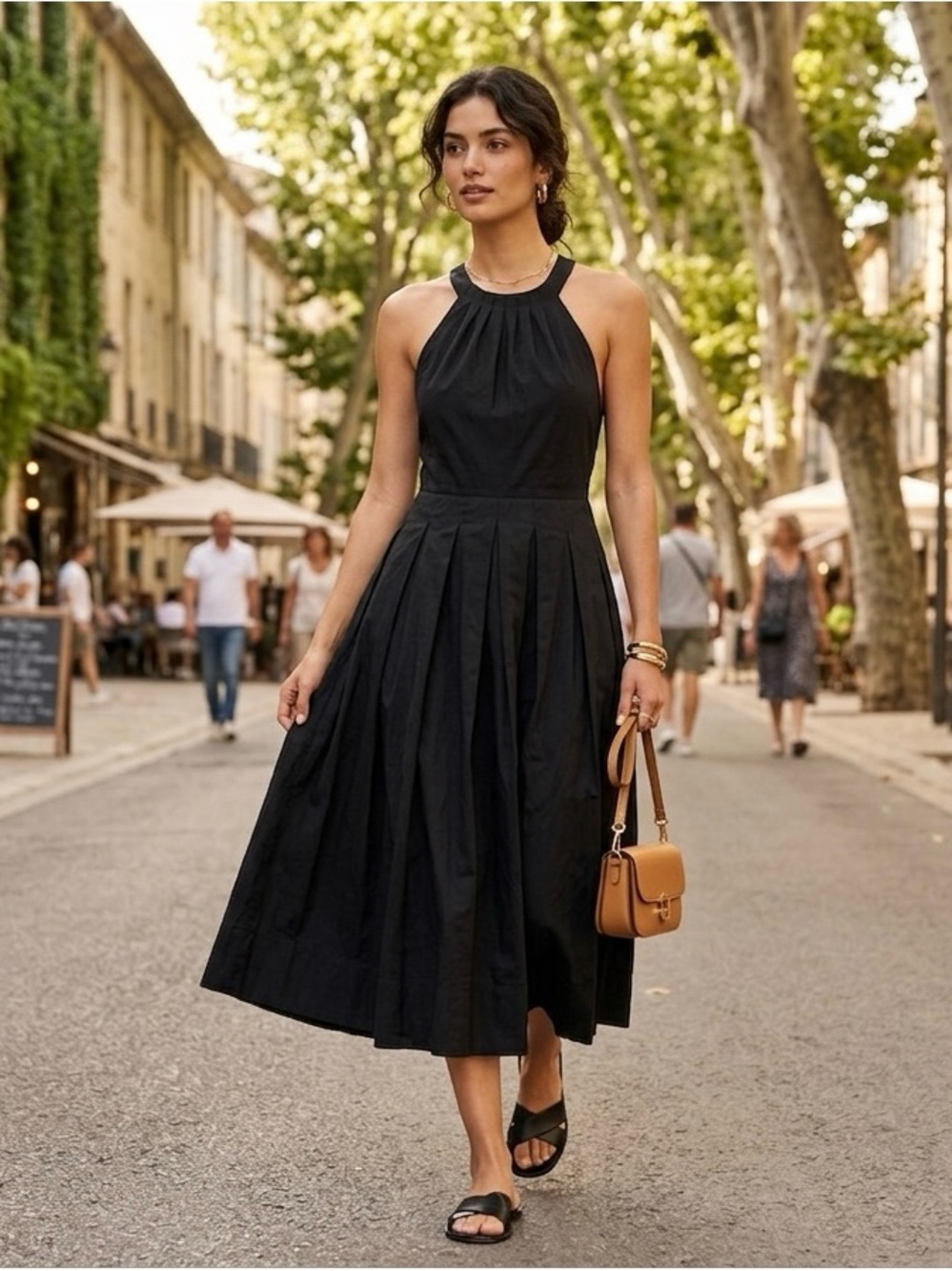 Mila Mae Black Halter Midi Dress | Pleated A-Line Swing | Cotton | Size XS